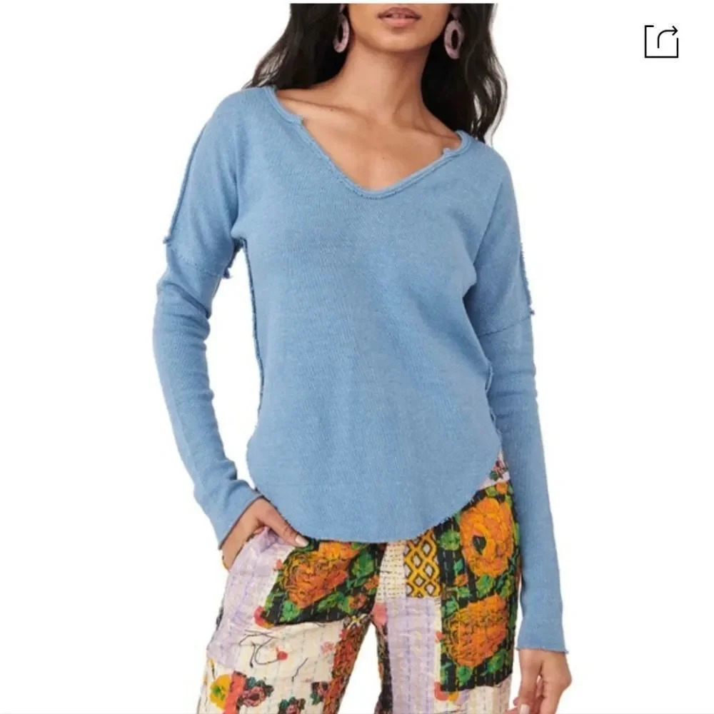 Free People Come & Get It Cotton Blend V-neck Top In Blue Metal